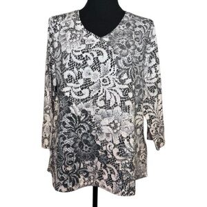 Zenergy by Chicos Black and White Lace Women's Shimmery Silver Blouse size 1